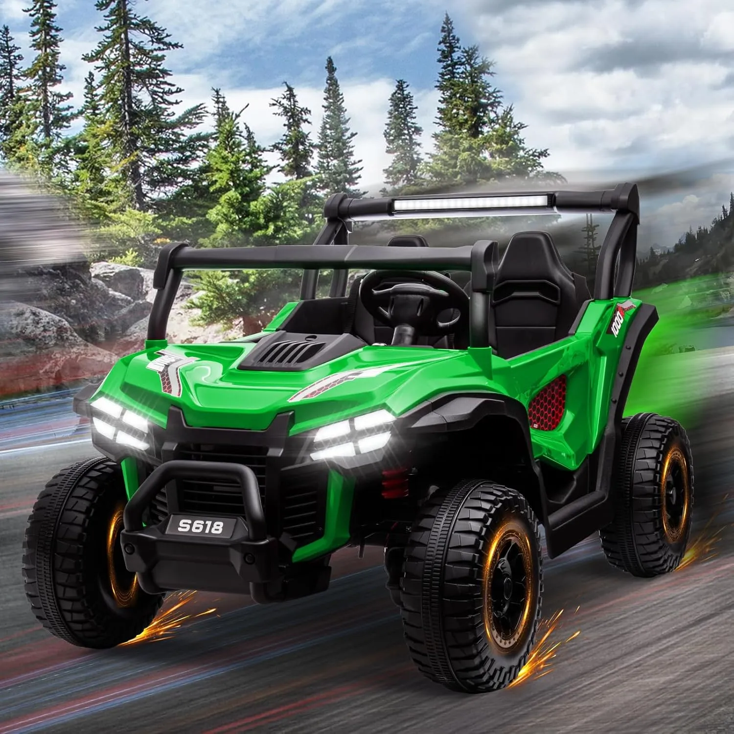 MOLACHI 24V 2 Seater Kids Ride on UTV Car,4WD Battery Powered Electric Vehicle for Kid,Ride On Truck with Remote Control,Safety Belts,3 Speeds,Bluetooth (Green)