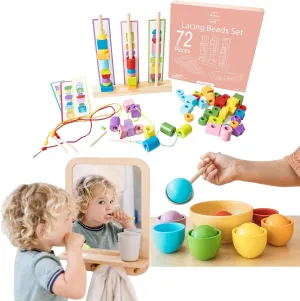 Montessori & Me Toddler Bundle – Color Sorting Ball Set, Self-Care Station, and Lacing Beads for Early Learning, Motor Skills, and Independence Development