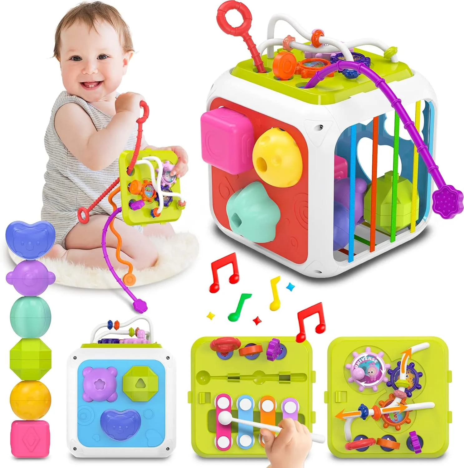 Montessori Toys for 1 Year Old Girls Boys, Baby Sorter Learning Sensory Activity Cube, 1 Year Old Girl Boy Birthday Gifts, Baby Toys 12  Months