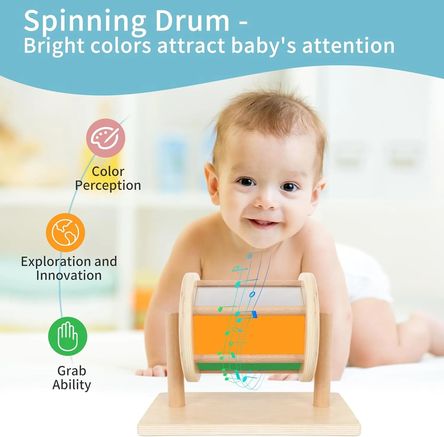 Montessori Toys for Babies 0-6 Months, 6 in 1 Learning Educational Set Toys (Includes Wood Koala Rattle, Spinning Drum, Foldable Black White Cards，Mobile Ball, Teether,Basket with Balls)