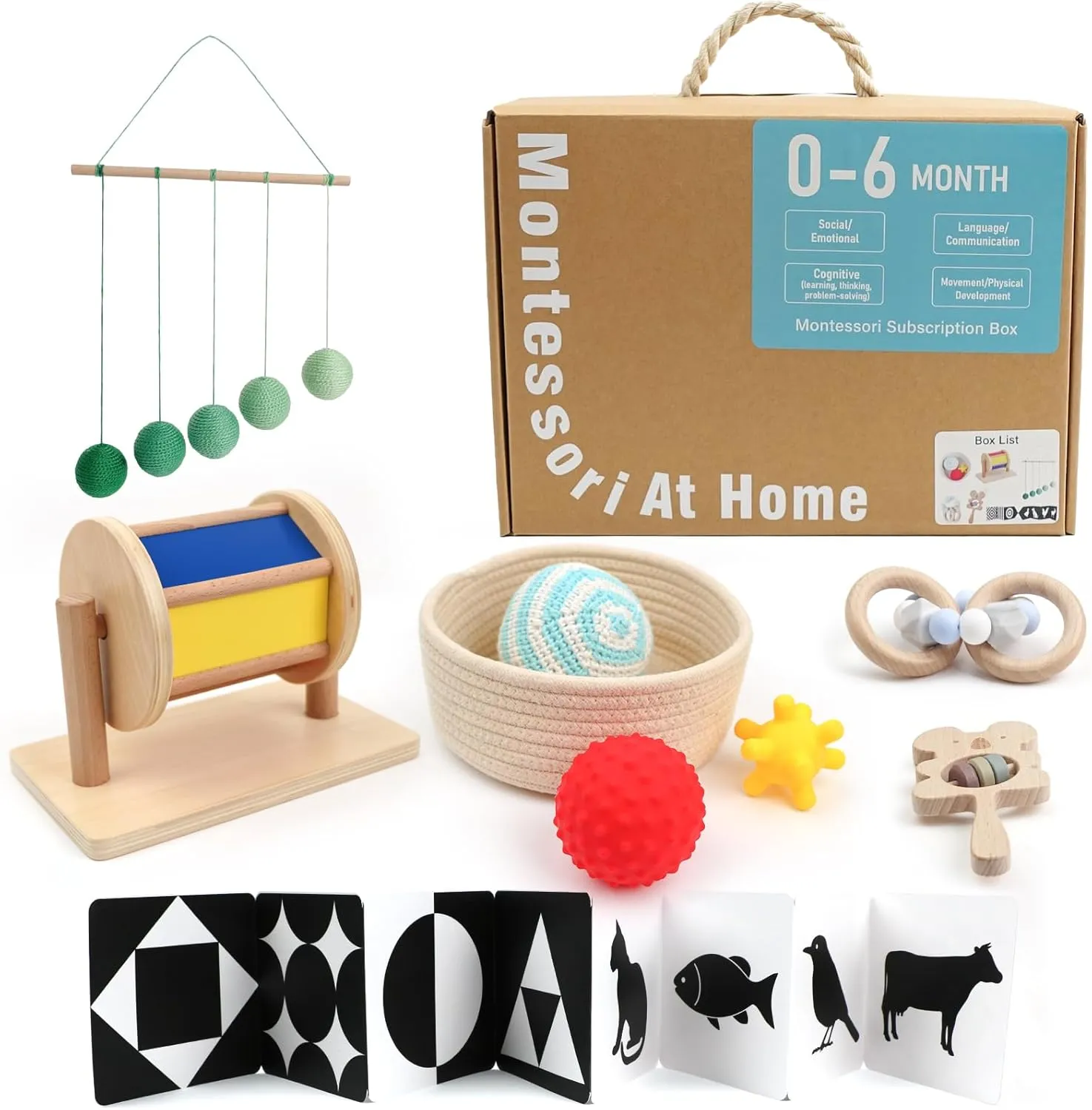 Montessori Toys for Babies 0-6 Months, 6 in 1 Learning Educational Set Toys (Includes Wood Koala Rattle, Spinning Drum, Foldable Black White Cards，Mobile Ball, Teether,Basket with Balls)