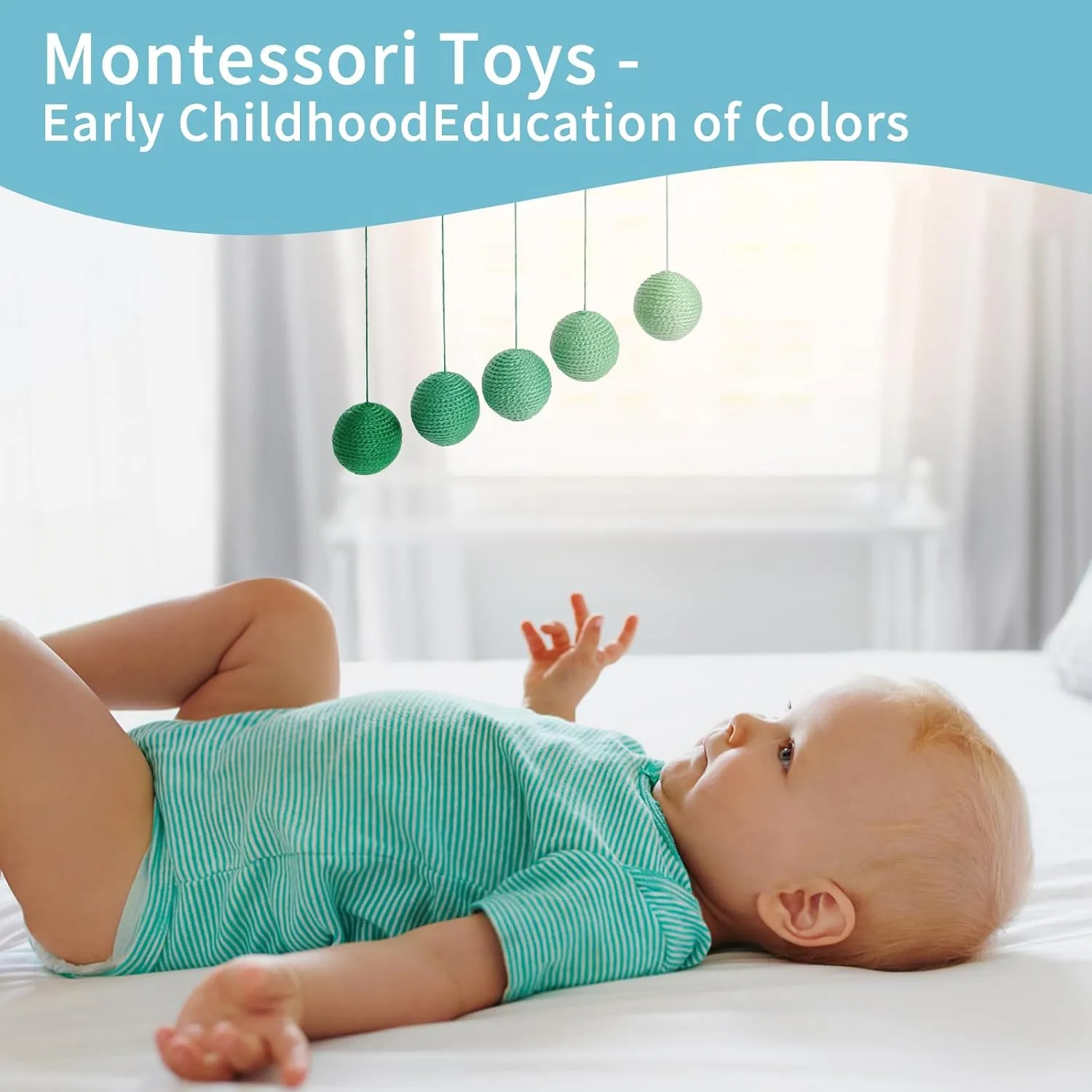 Montessori Toys for Babies 0-6 Months, 6 in 1 Learning Educational Set Toys (Includes Wood Koala Rattle, Spinning Drum, Foldable Black White Cards，Mobile Ball, Teether,Basket with Balls)