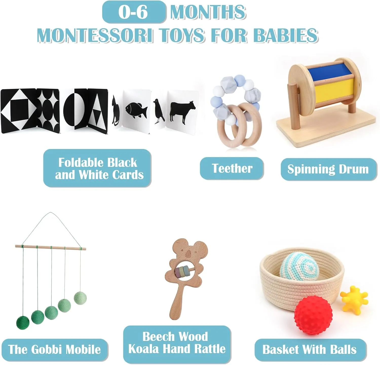 Montessori Toys for Babies 0-6 Months, 6 in 1 Learning Educational Set Toys (Includes Wood Koala Rattle, Spinning Drum, Foldable Black White Cards，Mobile Ball, Teether,Basket with Balls)