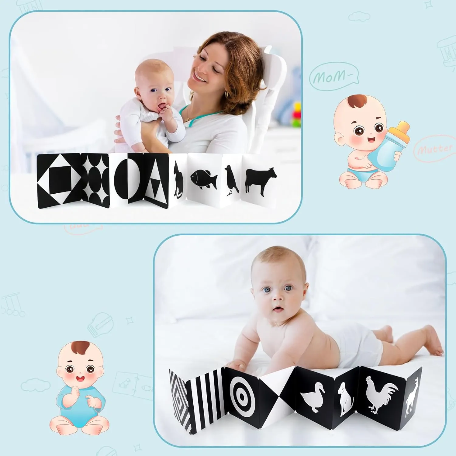 Montessori Toys for Babies 0-6 Months, 6 in 1 Learning Educational Set Toys (Includes Wood Koala Rattle, Spinning Drum, Foldable Black White Cards，Mobile Ball, Teether,Basket with Balls)