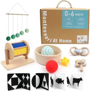 Montessori Toys for Babies 0-6 Months, 6 in 1 Learning Educational Set Toys (Includes Wood Koala Rattle, Spinning Drum, Foldable Black White Cards，Mobile Ball, Teether,Basket with Balls)