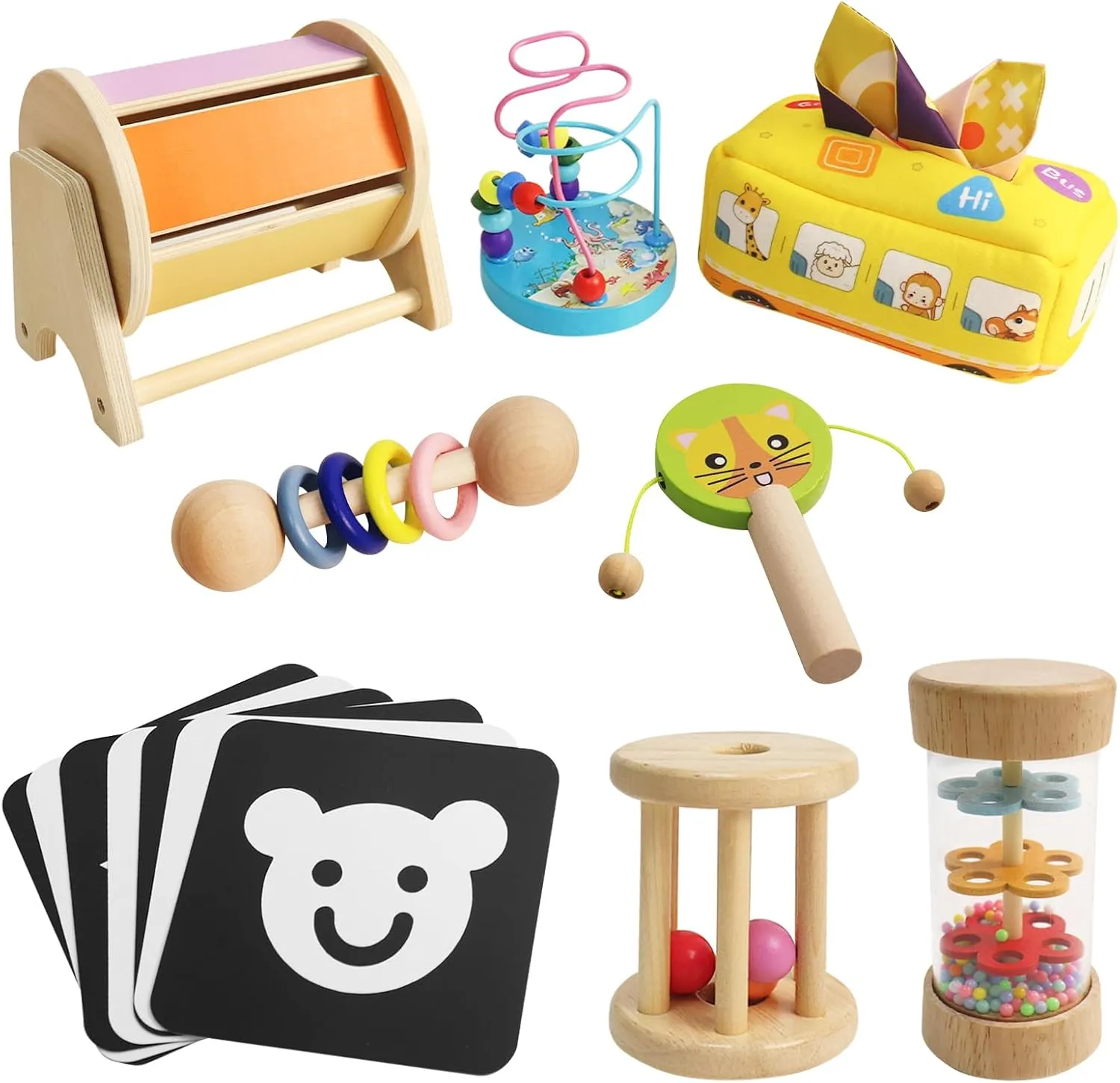 Montessori Toys for Babies 6-12 Months, 8 in 1 Baby Montessori Toys 6 Month Old Set，Black and White Baby Toys with Spinning Drum Baby Toy, Baby Tissue Box (Baby Toys)