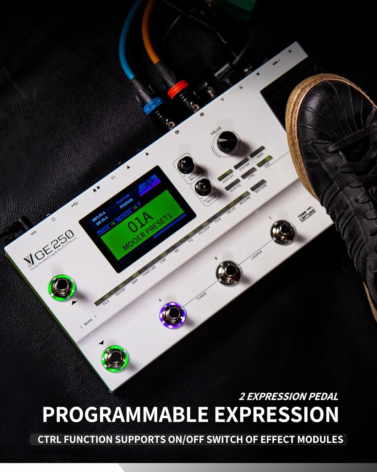 MOOER GE250 Multi Effects Processor with FX Loop, Tone Capture, MIDI Function, Global EQ, Drum Machine, Stereo Looper