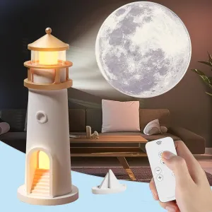 Moon Lamp Projector Night Lights, Moon Lighthouse Lamp, Remote Control Timer Dim Rechargeable LED Aesthetic Table Lamp for Kids, Children, Gifts, Bedroom, Nursery, Holiday(Remote Version)