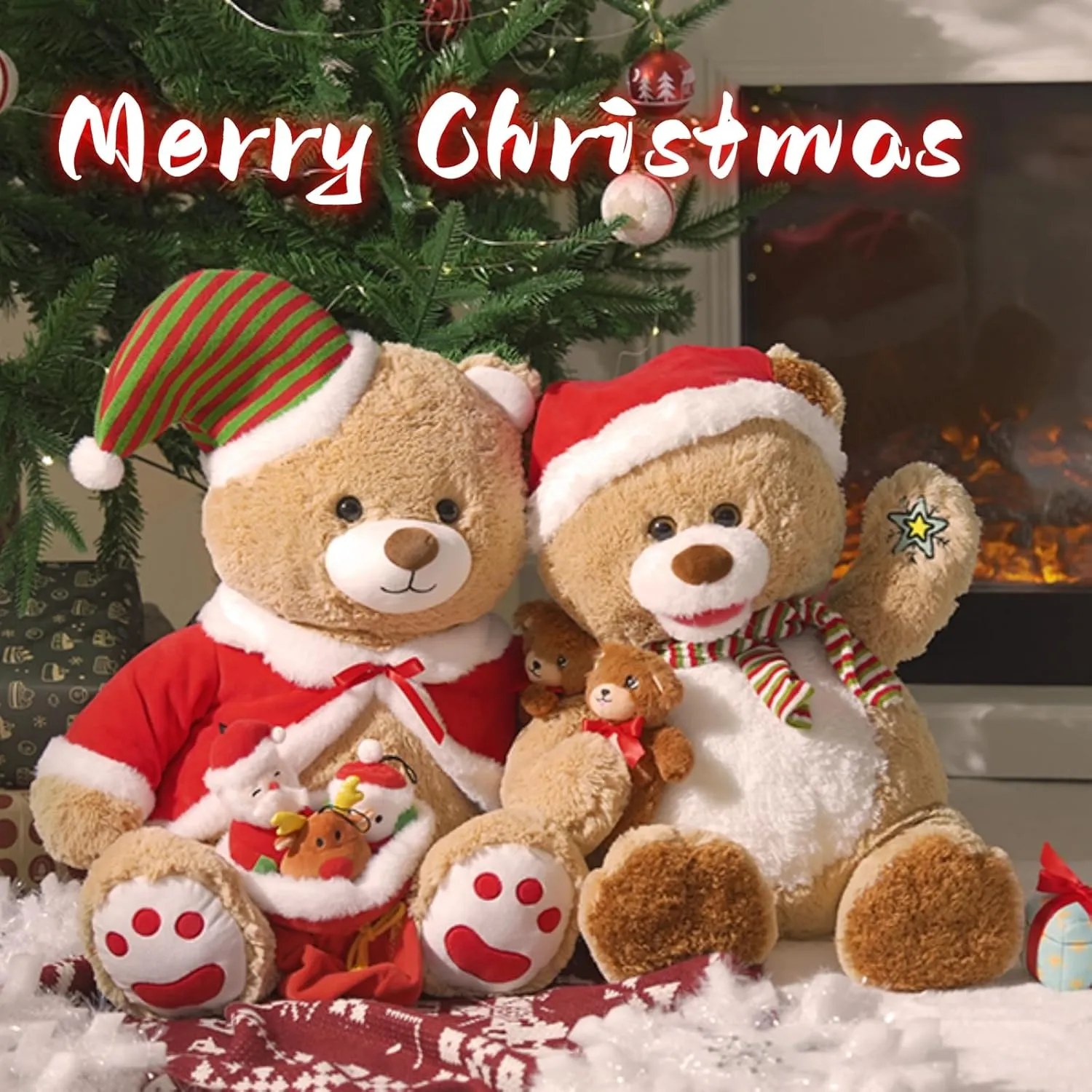 MorisMos Christmas Teddy Bear Stuffed Animal, Teddy Bear Plush for Christmas, 24.4in Giant Stuffed Bear with Babies Christmas Decoration, for Kids, Boys, Girls, Girlfriend, Light Brown