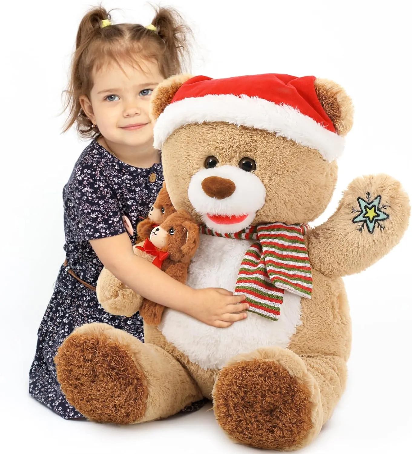 MorisMos Christmas Teddy Bear Stuffed Animal, Teddy Bear Plush for Christmas, 24.4in Giant Stuffed Bear with Babies Christmas Decoration, for Kids, Boys, Girls, Girlfriend, Light Brown