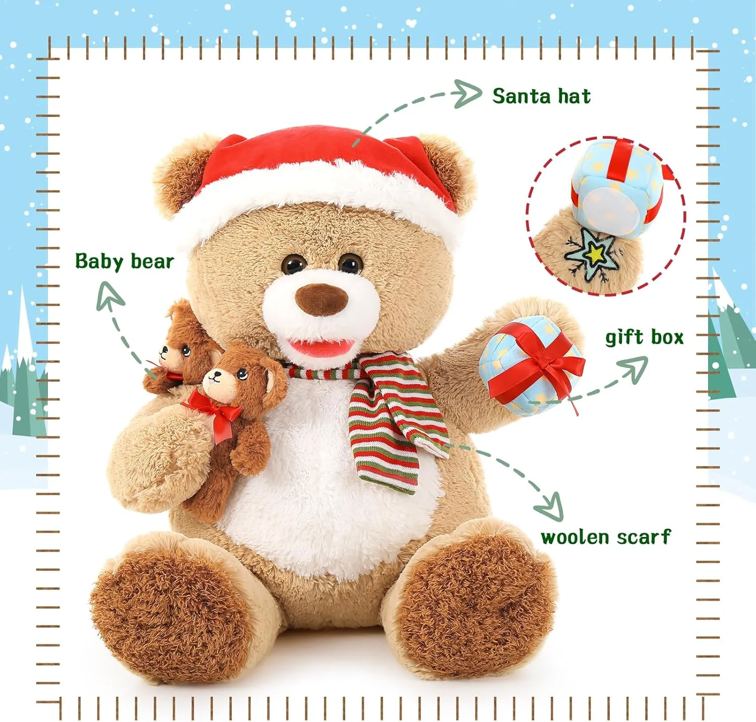 MorisMos Christmas Teddy Bear Stuffed Animal, Teddy Bear Plush for Christmas, 24.4in Giant Stuffed Bear with Babies Christmas Decoration, for Kids, Boys, Girls, Girlfriend, Light Brown