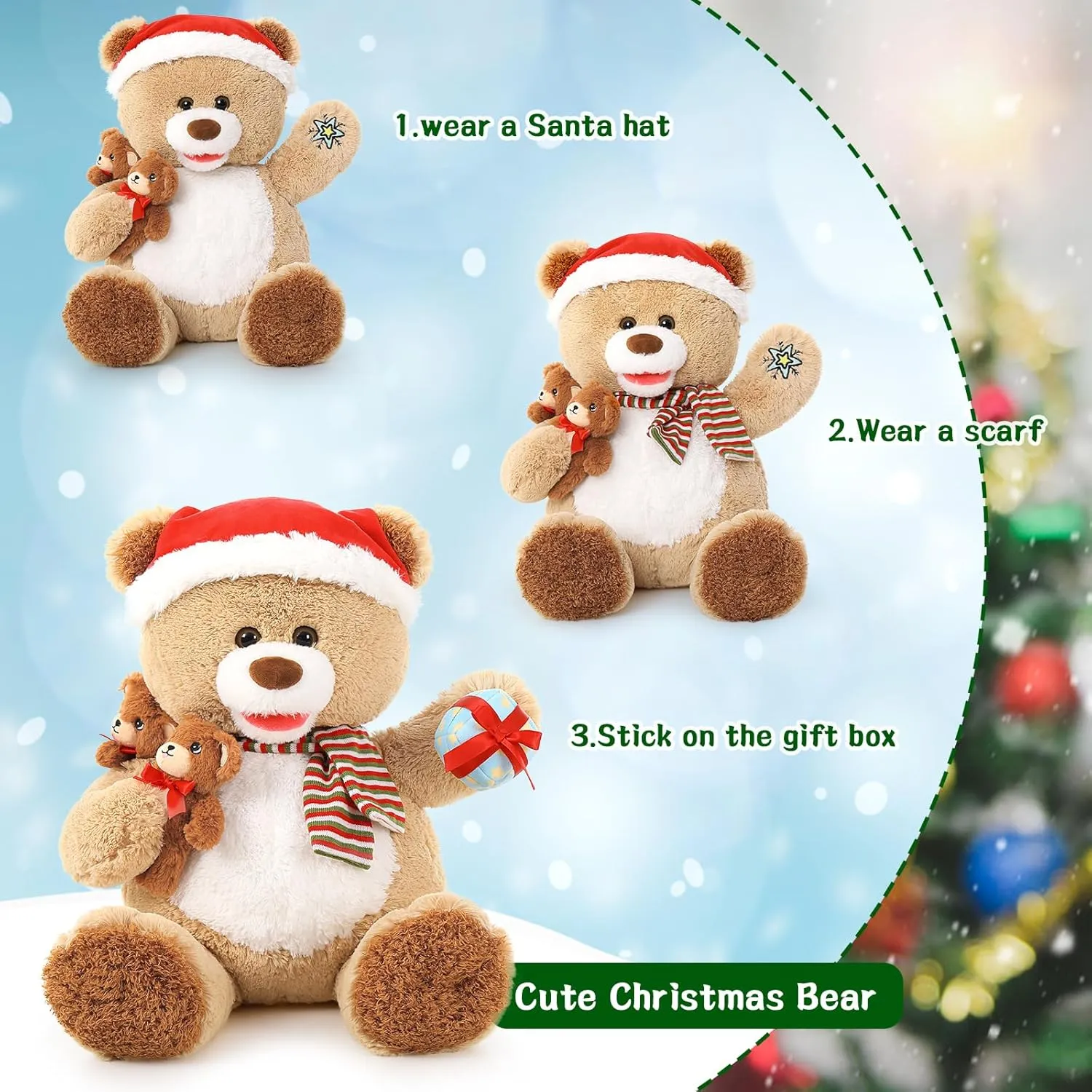 MorisMos Christmas Teddy Bear Stuffed Animal, Teddy Bear Plush for Christmas, 24.4in Giant Stuffed Bear with Babies Christmas Decoration, for Kids, Boys, Girls, Girlfriend, Light Brown