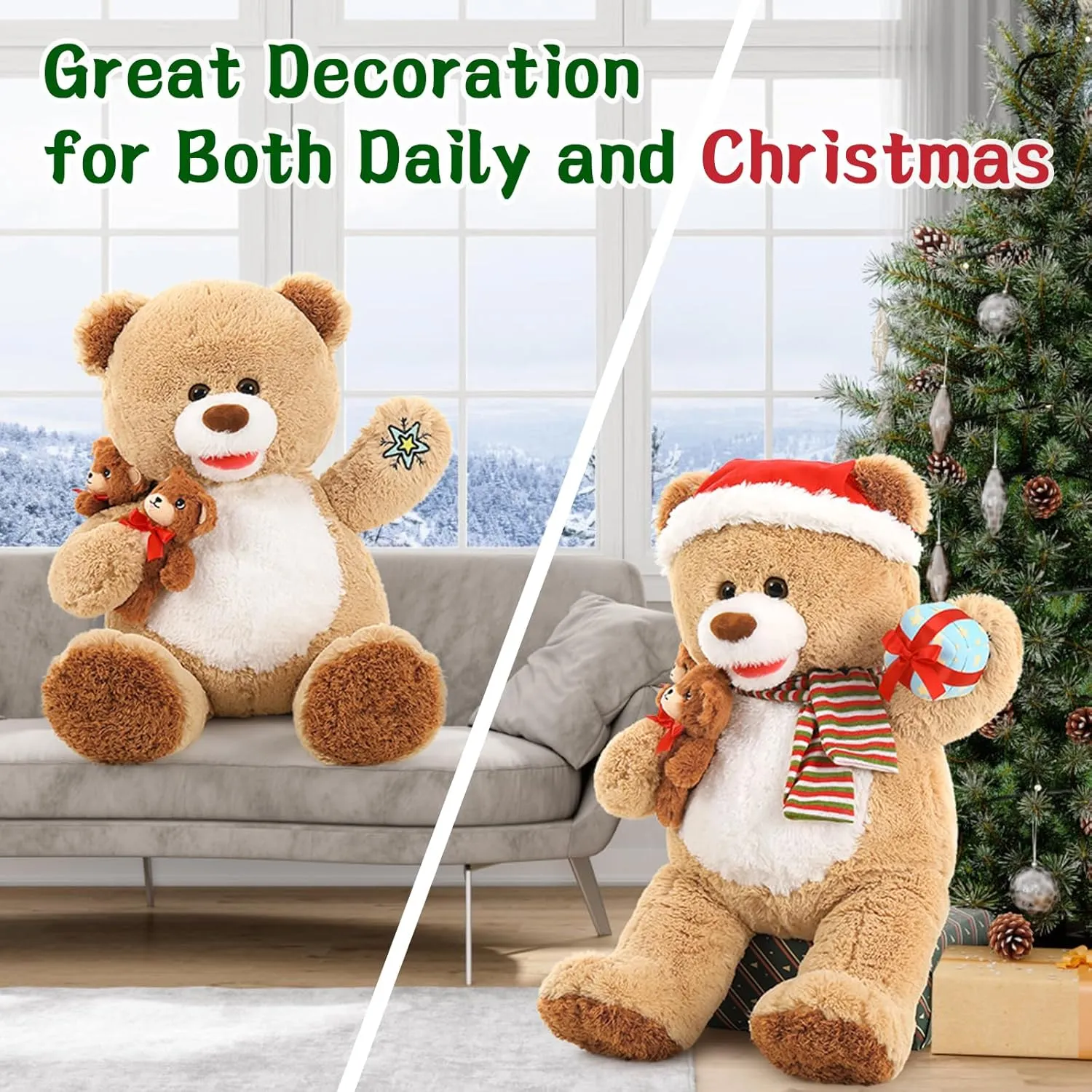 MorisMos Christmas Teddy Bear Stuffed Animal, Teddy Bear Plush for Christmas, 24.4in Giant Stuffed Bear with Babies Christmas Decoration, for Kids, Boys, Girls, Girlfriend, Light Brown