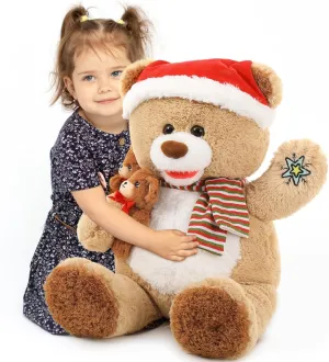 MorisMos Christmas Teddy Bear Stuffed Animal, Teddy Bear Plush for Christmas, 24.4in Giant Stuffed Bear with Babies Christmas Decoration, for Kids, Boys, Girls, Girlfriend, Light Brown