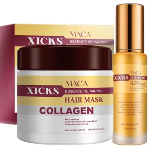 Moroccan Maca Hair Mask 16.9floz   1.69 floz Maca Essence Oil Set – Deep Nourishing & Repairing Treatment on Damaged Hair for All Hair Types