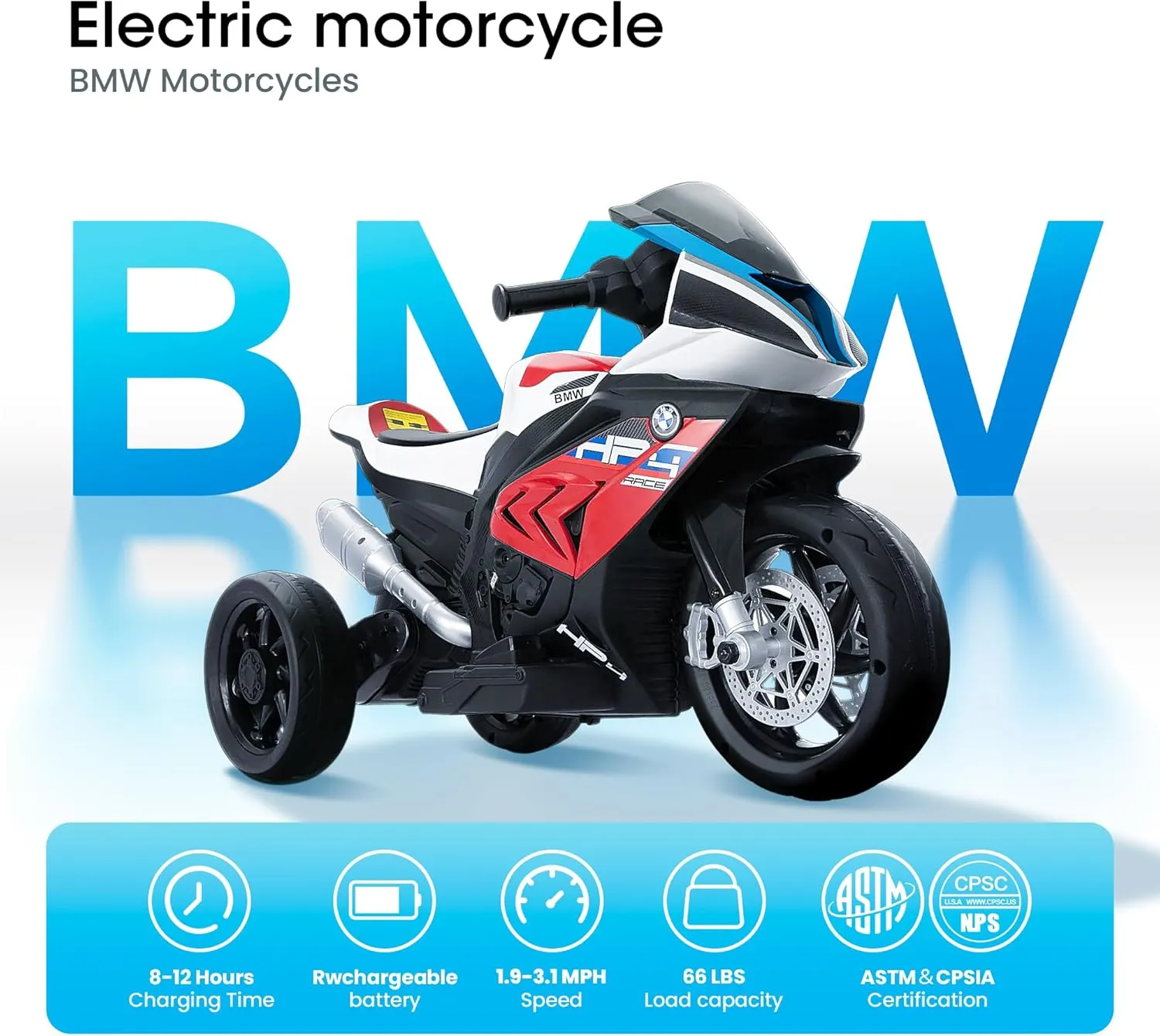 Motorcycle Kids Authorized BMW Electric Motorcycle for Kids Bike 3 Wheel Motorcycle Power Electric 37-96 Months 12V Electric Battery Powered Ride Bike Headlight Speaker Music Mp3 USB(Red)