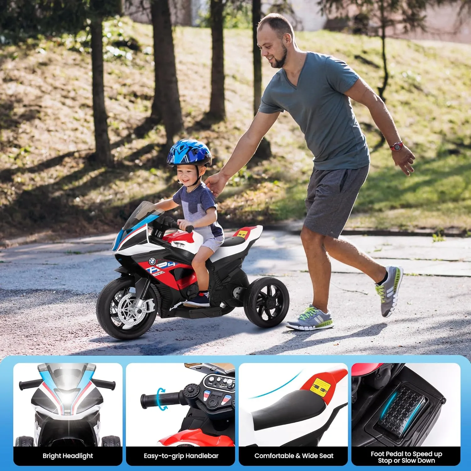 Motorcycle Kids Authorized BMW Electric Motorcycle for Kids Bike 3 Wheel Motorcycle Power Electric 37-96 Months 12V Electric Battery Powered Ride Bike Headlight Speaker Music Mp3 USB(Red)