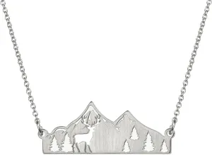 Mountain Necklace for Women Gold Silver Plated Bear Moose Animal Cutout Forest Tree Mountain Range Pendant Necklace Nature Jewelry Gift for Women Mountain Animal Lovers