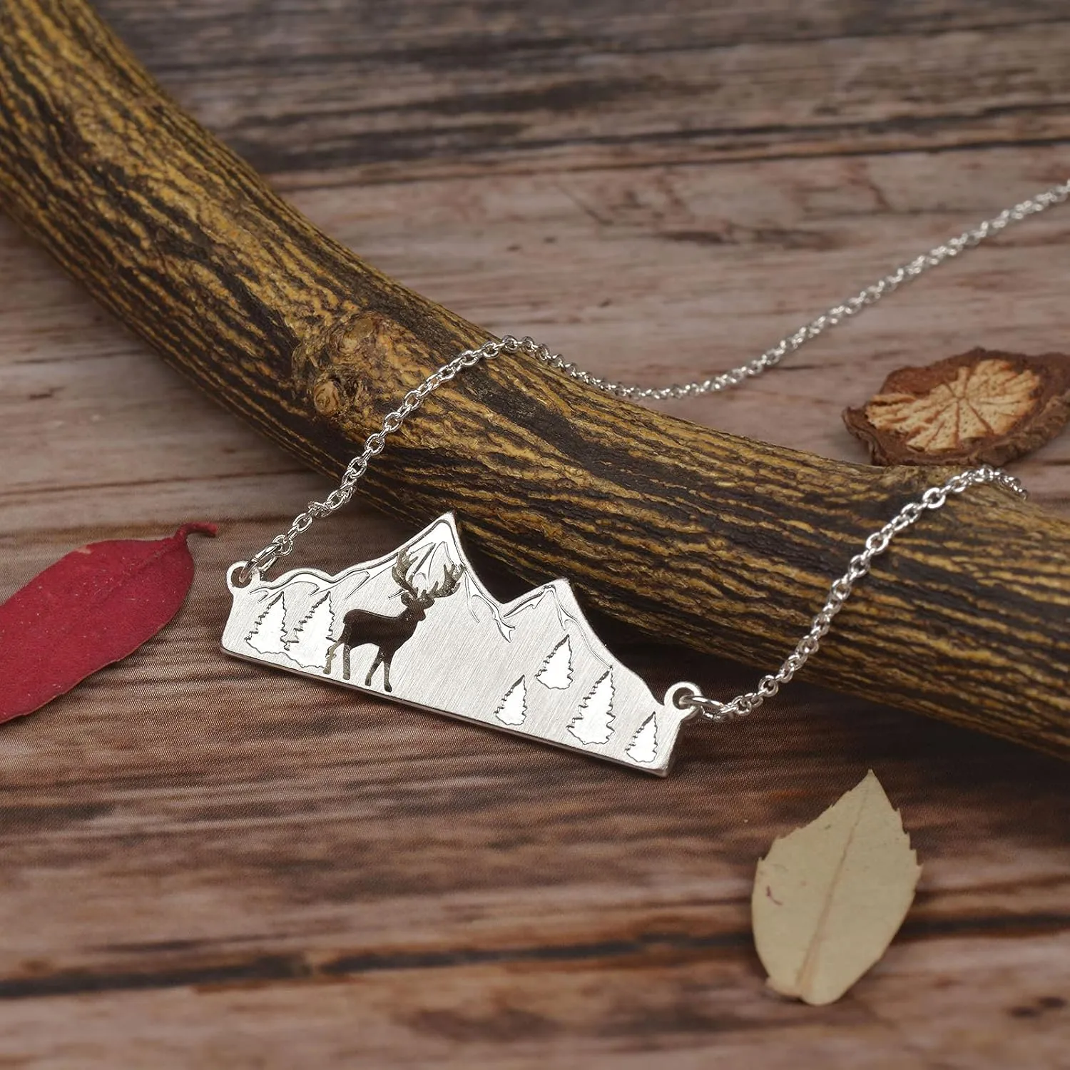 Mountain Necklace for Women Gold Silver Plated Bear Moose Animal Cutout Forest Tree Mountain Range Pendant Necklace Nature Jewelry Gift for Women Mountain Animal Lovers