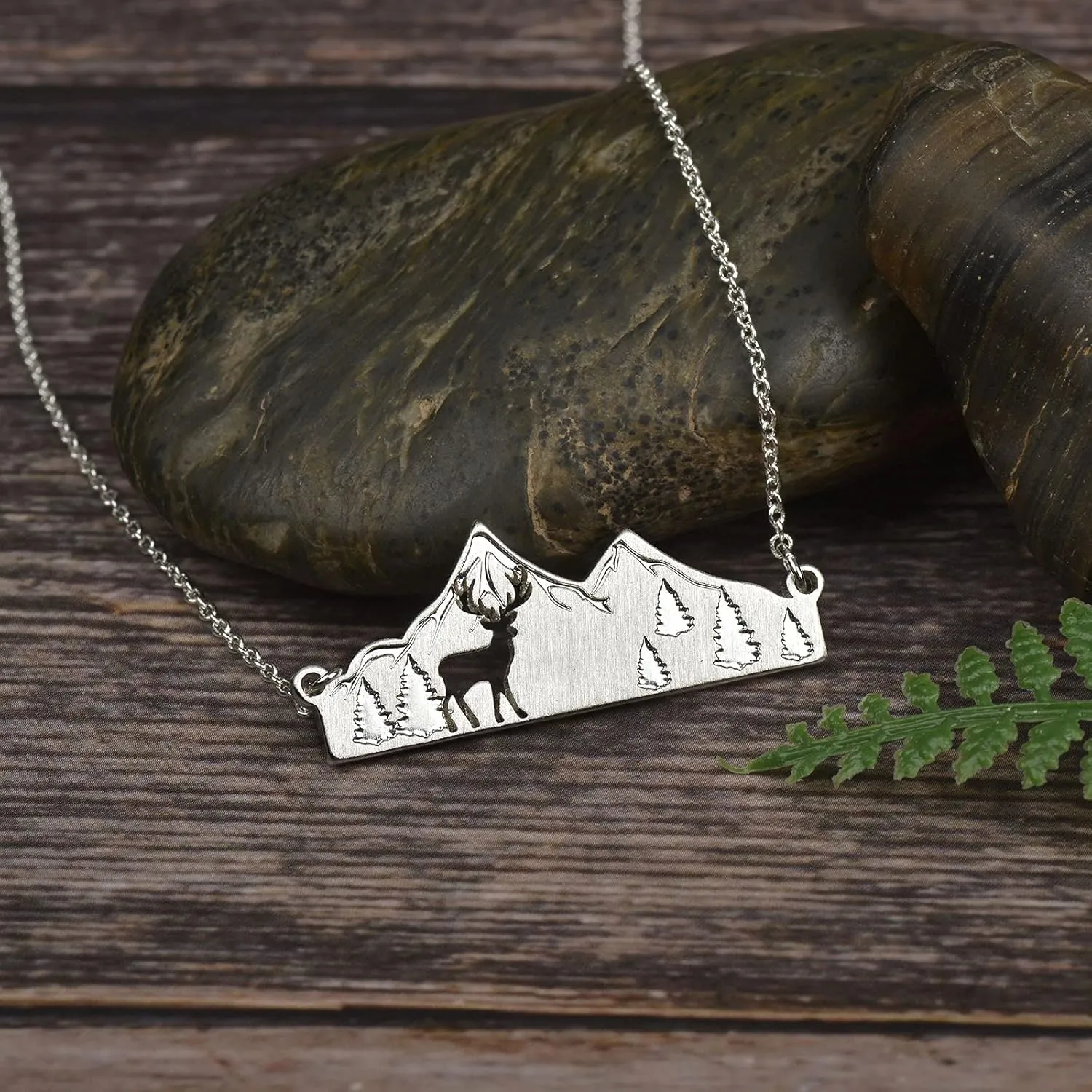 Mountain Necklace for Women Gold Silver Plated Bear Moose Animal Cutout Forest Tree Mountain Range Pendant Necklace Nature Jewelry Gift for Women Mountain Animal Lovers
