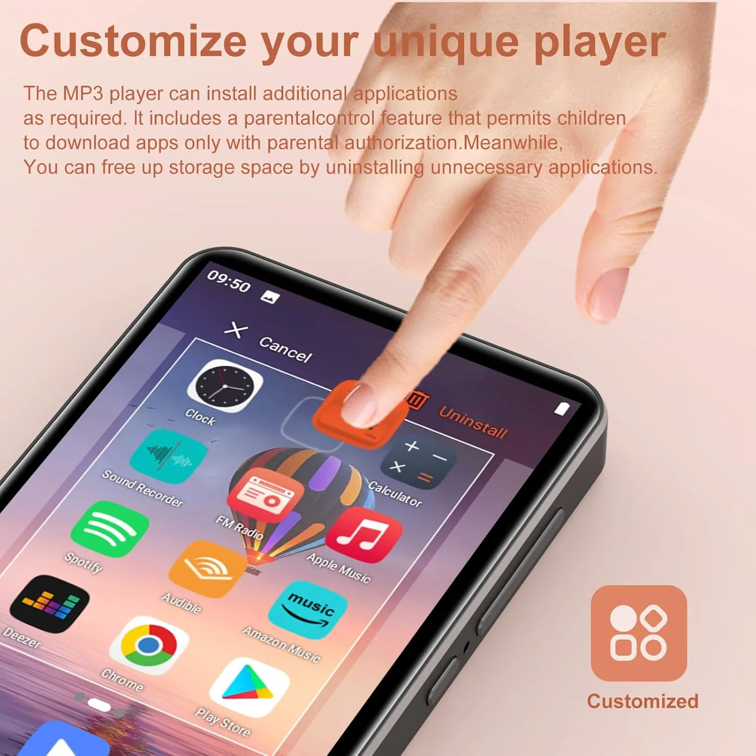 MP3 Player with Bluetooth and WiFi, 80GB MP3 MP4 Players with 4" Touchscreen and Speaker, Android MP3 Player with Spotify, Audible, Amazon Music, Deezer,Play Store,FM Radio, Expanded Up to 1TB