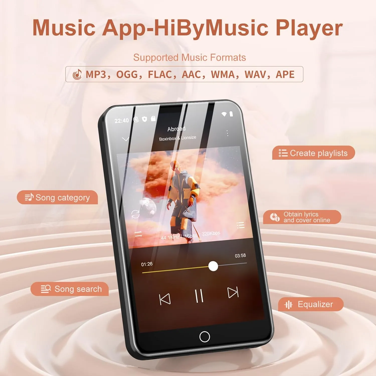 MP3 Player with Bluetooth and WiFi, 80GB MP3 MP4 Players with 4" Touchscreen and Speaker, Android MP3 Player with Spotify, Audible, Amazon Music, Deezer,Play Store,FM Radio, Expanded Up to 1TB