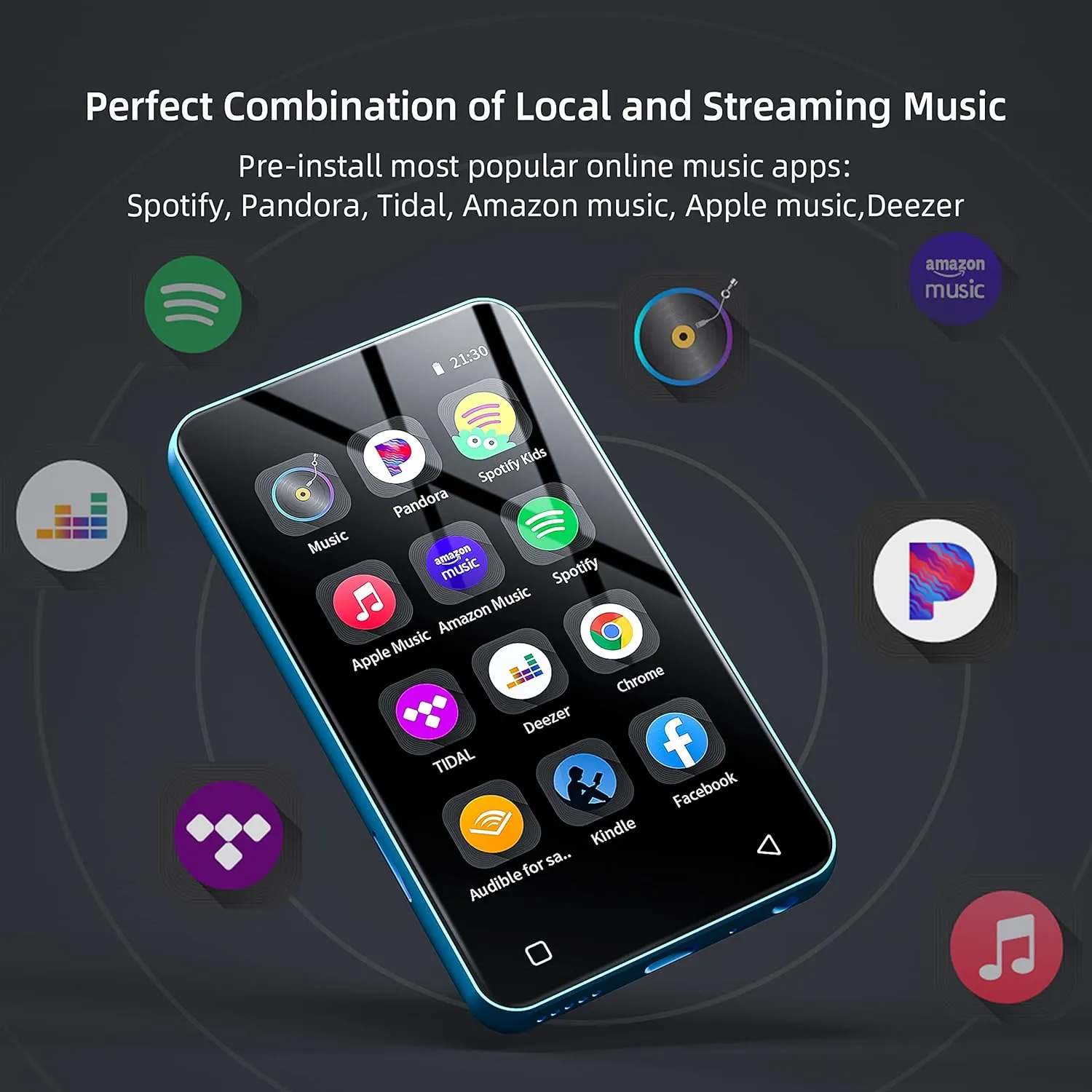 MP3 Player with Bluetooth and WiFi,MP3 Player with Spotify,Spotify Kids,Audible,Pandora,Amazon Music,4" Music Player MP4 Up to 1TB(80GB,Blue_White)