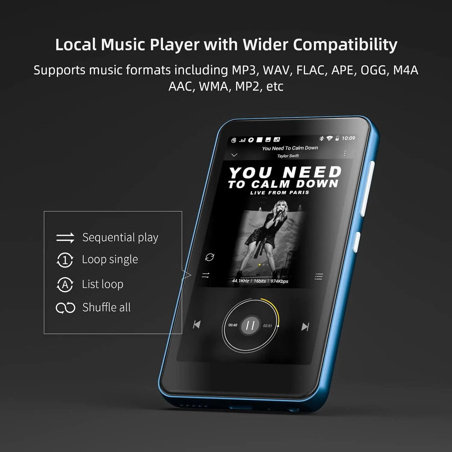 MP3 Player with Bluetooth and WiFi,MP3 Player with Spotify,Spotify Kids,Audible,Pandora,Amazon Music,4" Music Player MP4 Up to 1TB(80GB,Blue_White)
