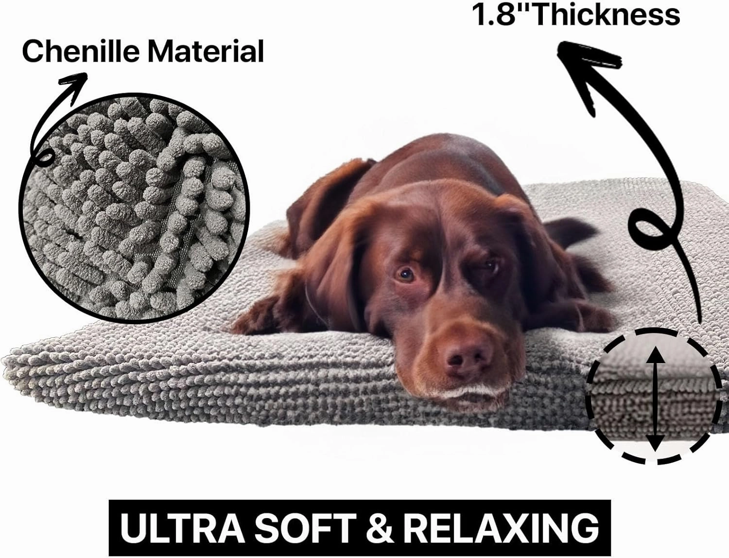 Muddy Mat® Dog Crate Bed mat, Comfortable Dog Pillow, Crate Bed for Large Medium Small Dogs and Cats, Ultra Soft & Relaxing Washable & Dryer Safe Chenille Material - Grey Large (28"x42")