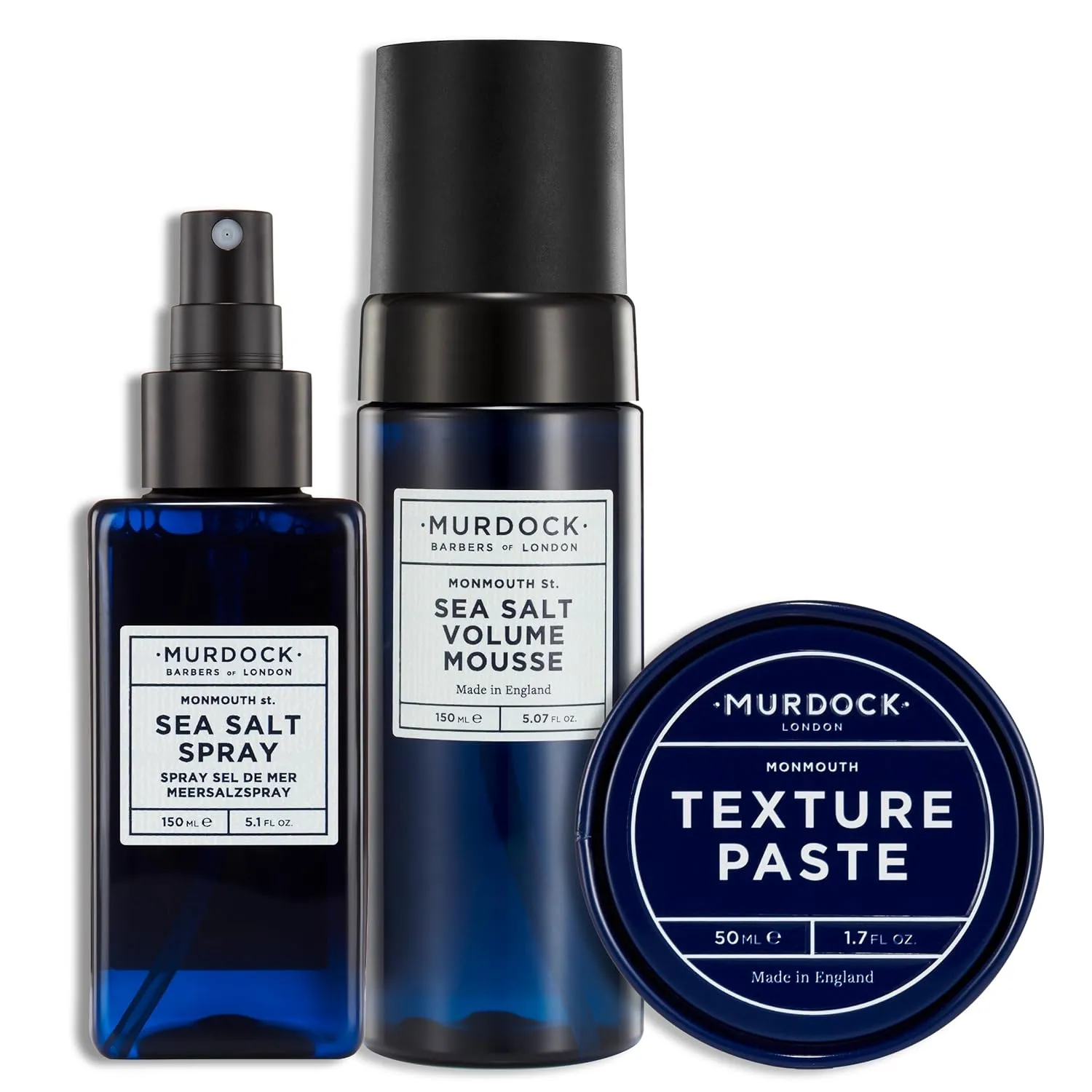 Murdock London Sea Salt Spray 150ml, Volume Mousse 5.07oz, and Texture Paste 1.76oz - Paraben Free, Adds Texture and Volume, Achieve a Low-Sheen Finish