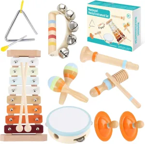 Musical Instruments for Toddlers - Eco-Friendly Wooden Percussion Set with Xylophone, Tambourine, and Maracas in Neutral Colors - Montessori Toys for Perfect Educational Gift for Kids