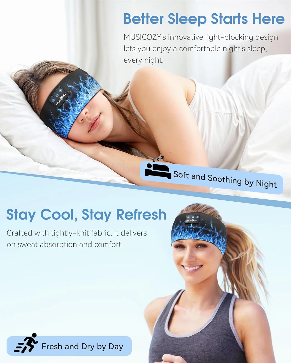 MUSICOZY Sleep Headphones Bluetooth Headband 5.4 Wireless Headband Headphones for Sleeping for Side Sleeper with Ultra-Thin HD Stero Speaker for Workout (Flame Red)