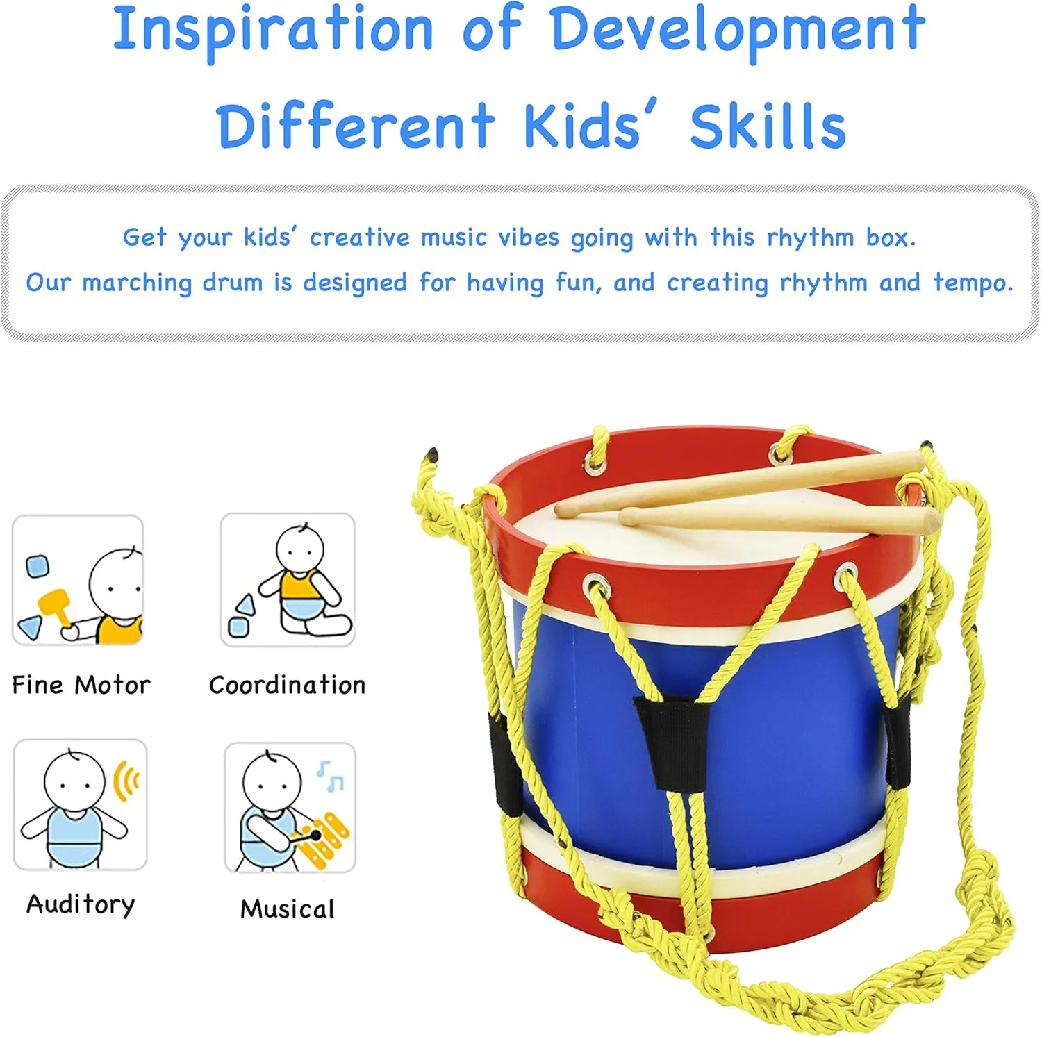 MUSICUBE Kids 8 Inch Drum Set with Adjustable Strap and 2 Wooden Drum Sticks - Musical Instrument Gift Choice