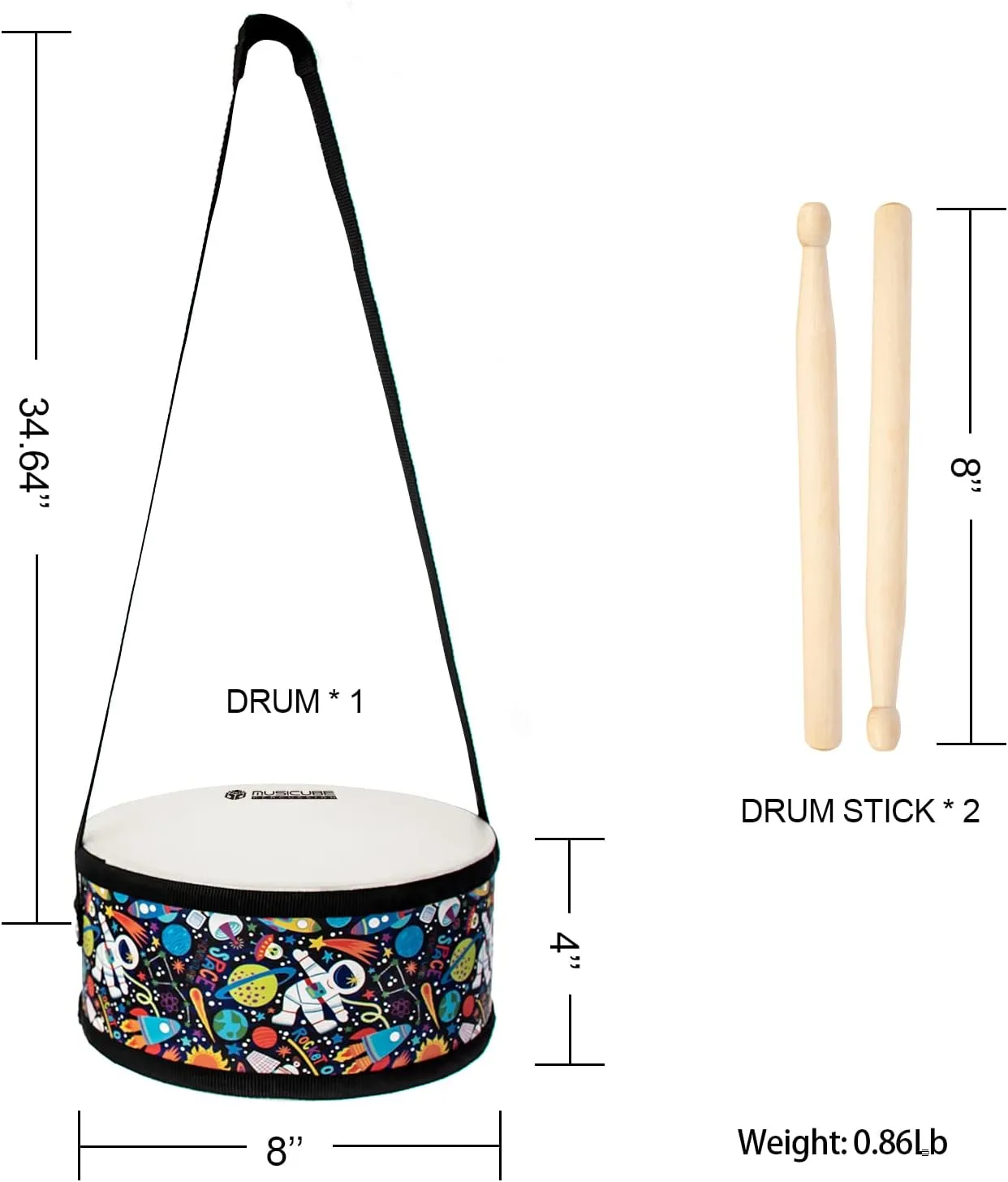 MUSICUBE Kids Drum Set 8-Inch Wooden Drum Toys with an Adjustable Strap and 2 Drumsticks Educational Baby Musical Toys Drum Sensory Musical Instrument Toys for Toddler Boys & Girls Gift Packing