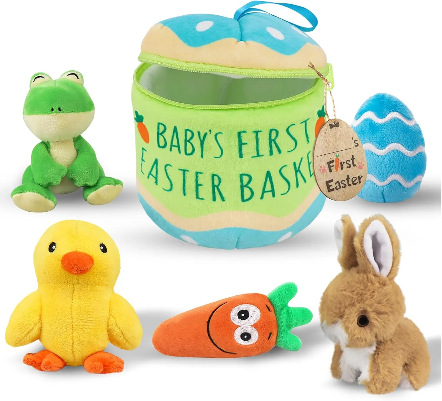 My Baby's First Easter Basket Stuffers, 6ct Stuffed Plush Bunny Chick Carrot Egg Frog Easter Basket Goody Playset, Personalized Easter Gifts for Babies Kids Girls Boys Infants Decorations