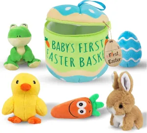 My Baby's First Easter Basket Stuffers, 6ct Stuffed Plush Bunny Chick Carrot Egg Frog Easter Basket Goody Playset, Personalized Easter Gifts for Babies Kids Girls Boys Infants Decorations
