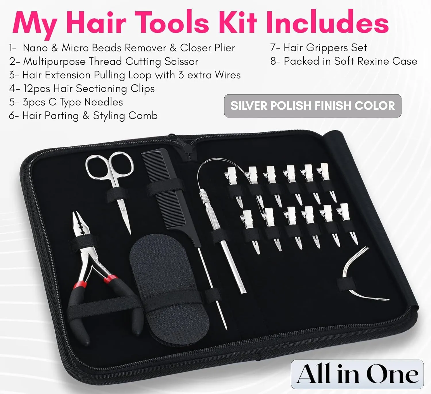 My Hair Tools Pro Hair Extension Kit - Includes Nano Micro Beads Remover & Closer Pliers, Mini Scissors, Micro Link Extension Loop Tool, Hair Grippers Set, Sectioning Clips & Parting Comb (Silver)