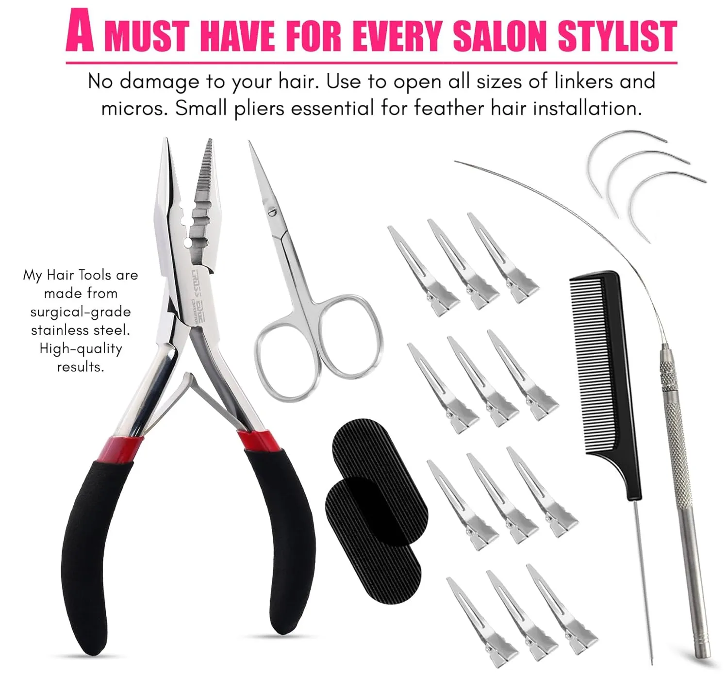 My Hair Tools Pro Hair Extension Kit - Includes Nano Micro Beads Remover & Closer Pliers, Mini Scissors, Micro Link Extension Loop Tool, Hair Grippers Set, Sectioning Clips & Parting Comb (Silver)