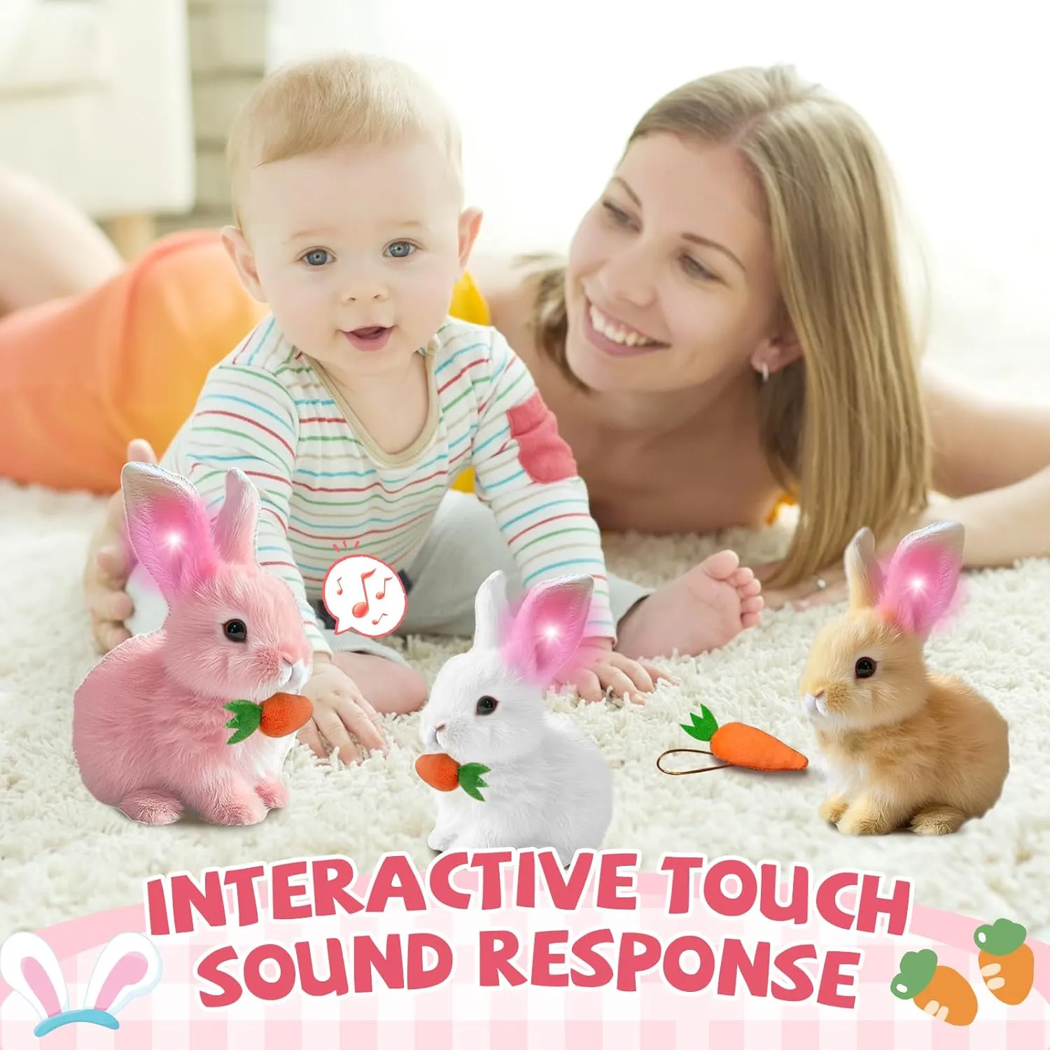 My Realistic Bunny Toy, 2025 New Interactive Easter Bunny Toy, Glowing Jumping Squeaky and Shaking Ears Easter Bunnies Stuffed Animal, Hopping Realistic Bunnies Plush Gifts for Kids (Glowing 3 Pcs)
