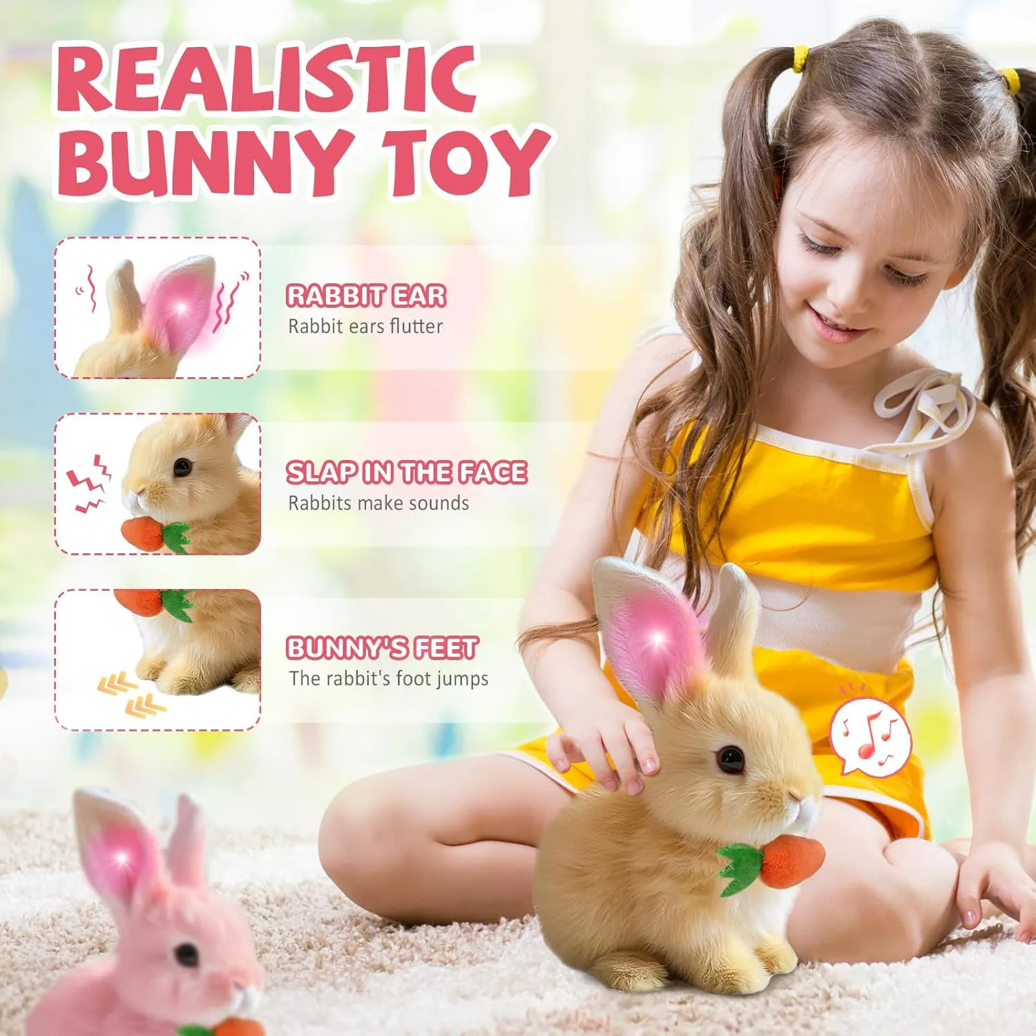 My Realistic Bunny Toy, 2025 New Interactive Easter Bunny Toy, Glowing Jumping Squeaky and Shaking Ears Easter Bunnies Stuffed Animal, Hopping Realistic Bunnies Plush Gifts for Kids (Glowing 3 Pcs)