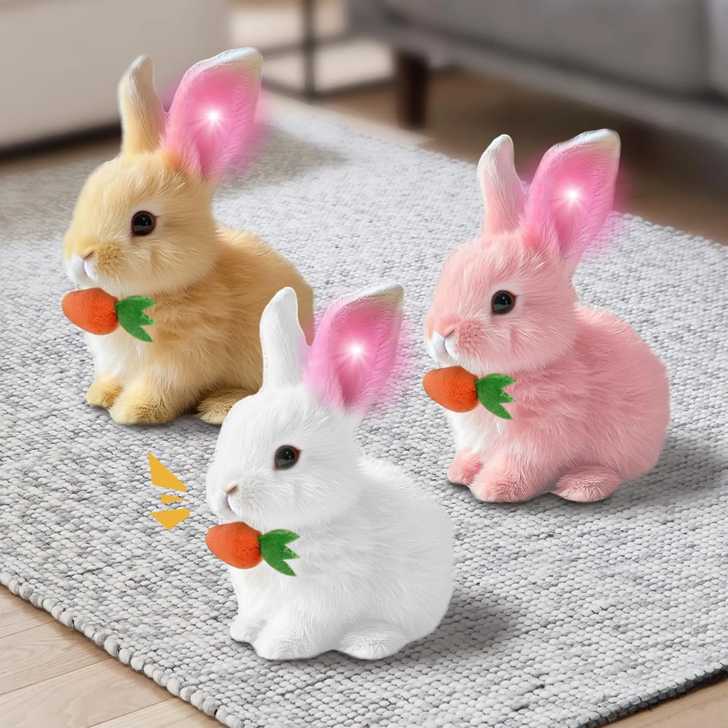 My Realistic Bunny Toy, 2025 New Interactive Easter Bunny Toy, Glowing Jumping Squeaky and Shaking Ears Easter Bunnies Stuffed Animal, Hopping Realistic Bunnies Plush Gifts for Kids (Glowing 3 Pcs)