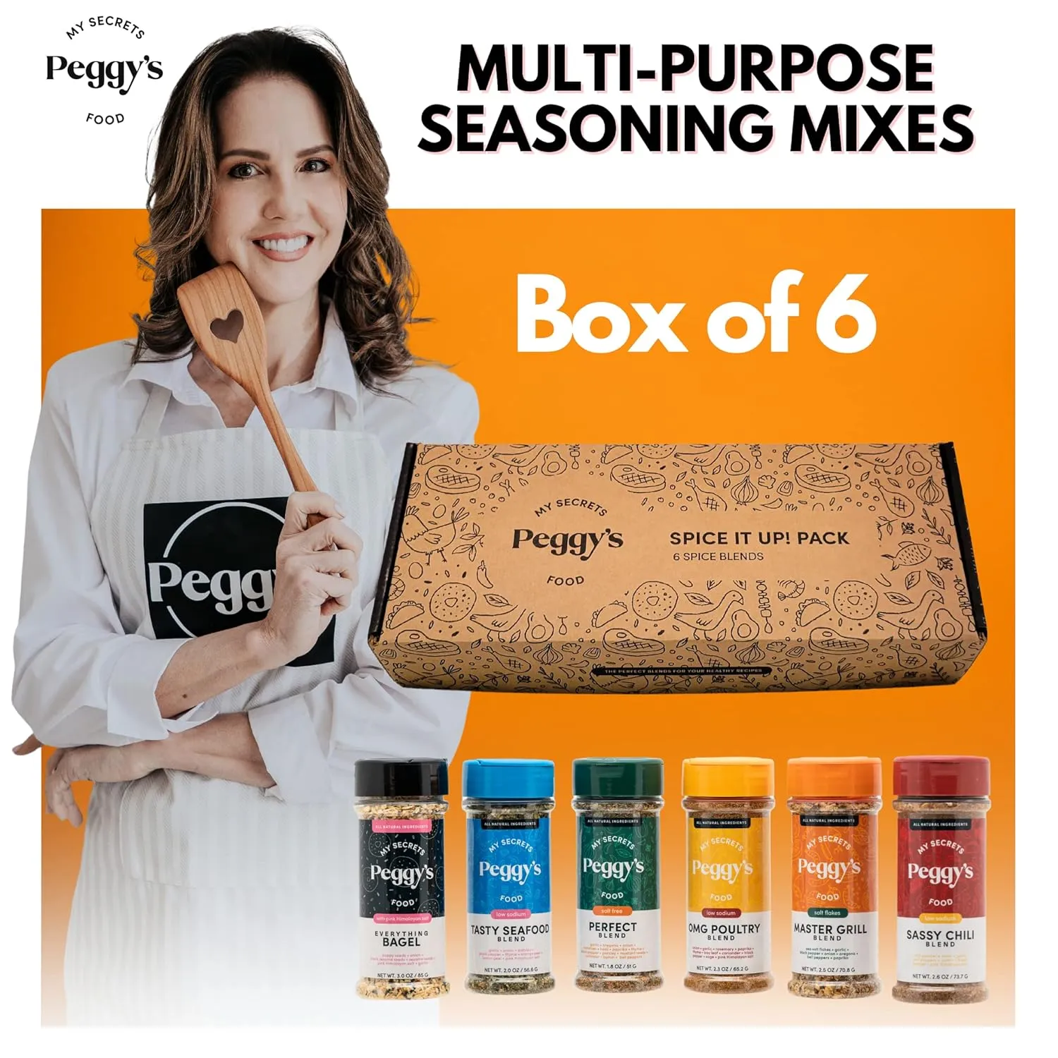 My Secrets Peggy’s Food Spice It Up Pack Seasoning Jars Set of 6 – Ultimate Kitchen Seasoning Set for Grilling Roasting or Baking – Seasoning Set Gift Box – Complete Culinary Spice Kit