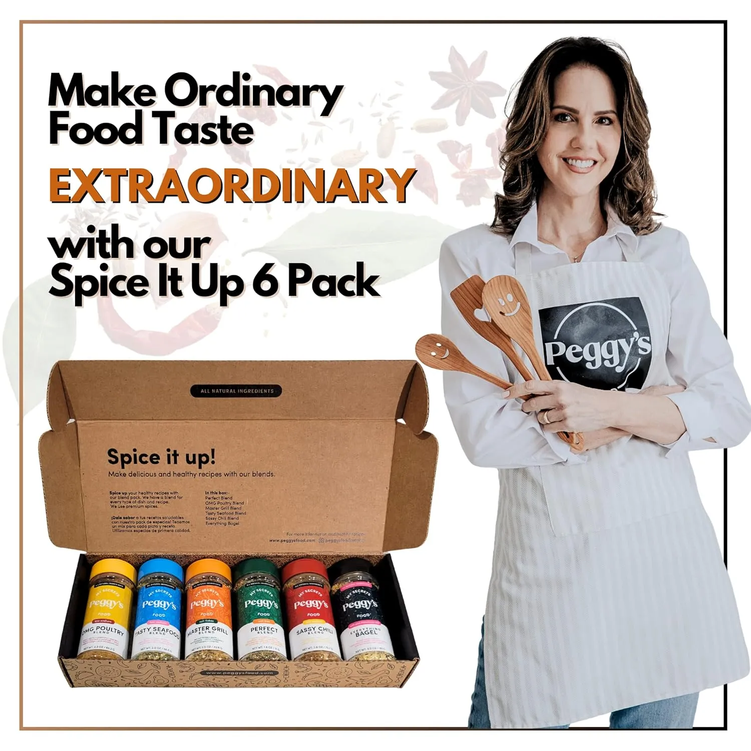 My Secrets Peggy’s Food Spice It Up Pack Seasoning Jars Set of 6 – Ultimate Kitchen Seasoning Set for Grilling Roasting or Baking – Seasoning Set Gift Box – Complete Culinary Spice Kit