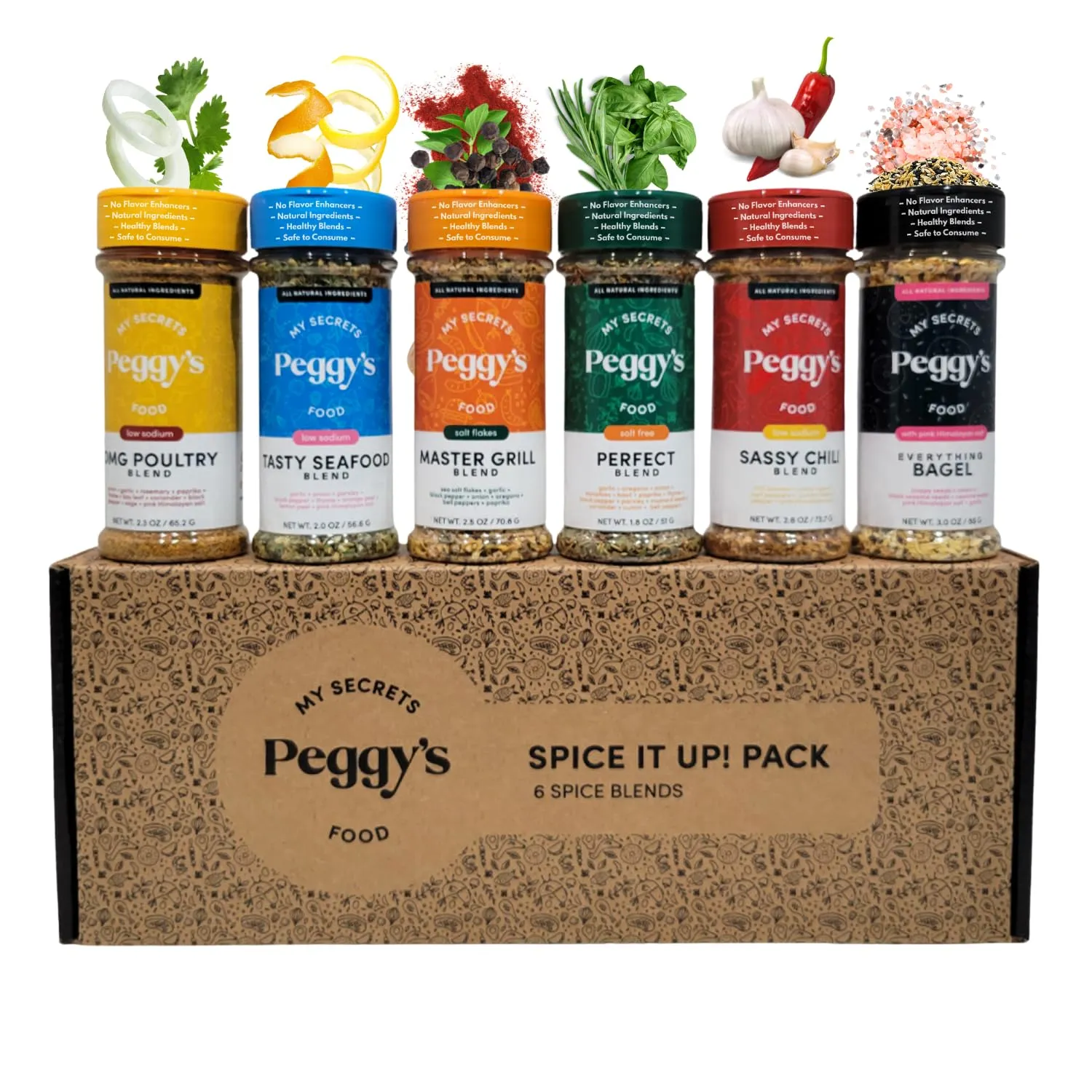 My Secrets Peggy’s Food Spice It Up Pack Seasoning Jars Set of 6 – Ultimate Kitchen Seasoning Set for Grilling Roasting or Baking – Seasoning Set Gift Box – Complete Culinary Spice Kit