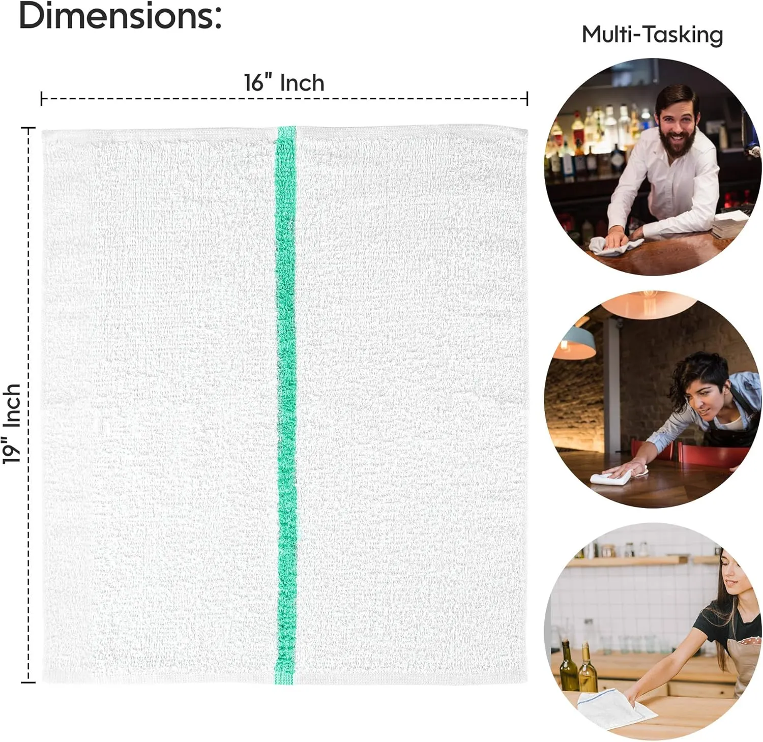 Nabob Wipers Kitchen Bar Mop Terry Towels 12 Pack - 100% Cotton - Size 14x17 - Perfect for Your Home, Kitchen, Bathroom, Bars, Restaurants & Auto - Super Absorbent (Green Stripe)