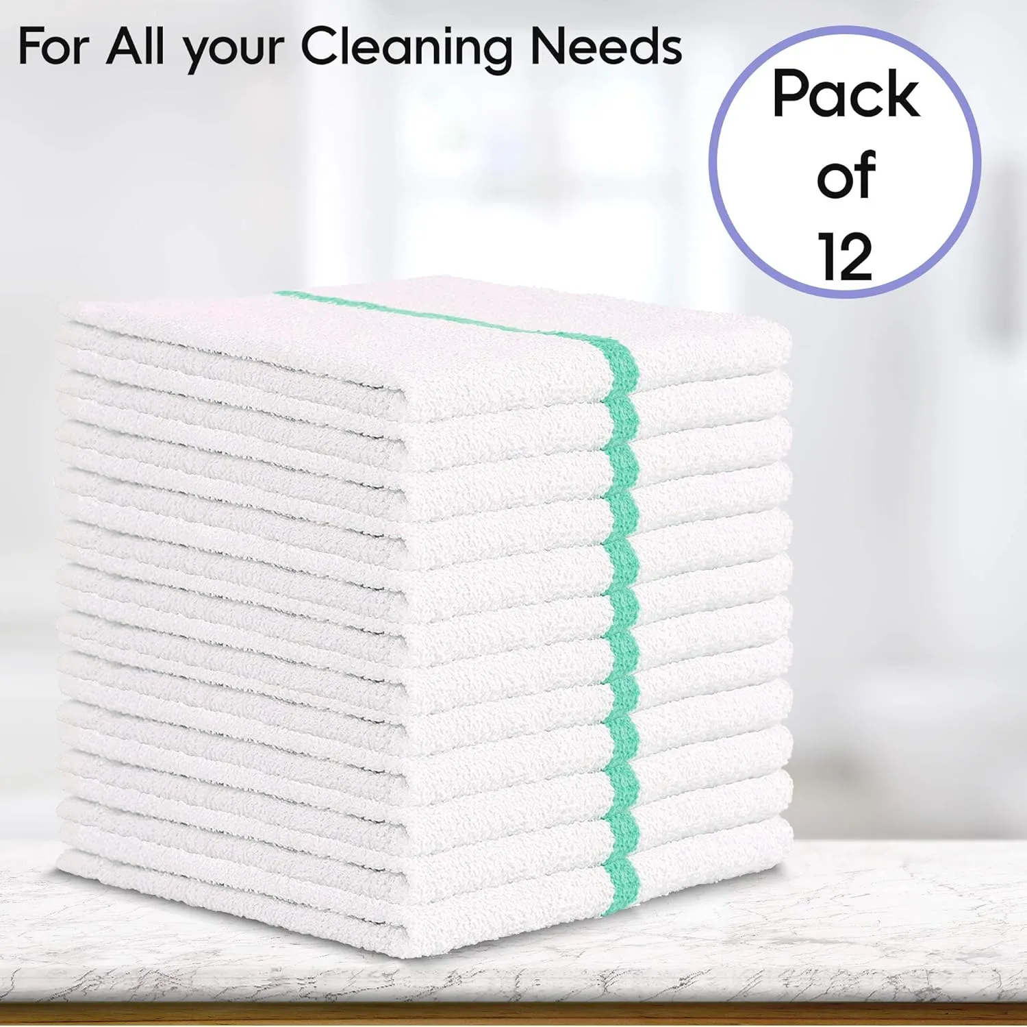 Nabob Wipers Kitchen Bar Mop Terry Towels 12 Pack - 100% Cotton - Size 14x17 - Perfect for Your Home, Kitchen, Bathroom, Bars, Restaurants & Auto - Super Absorbent (Green Stripe)