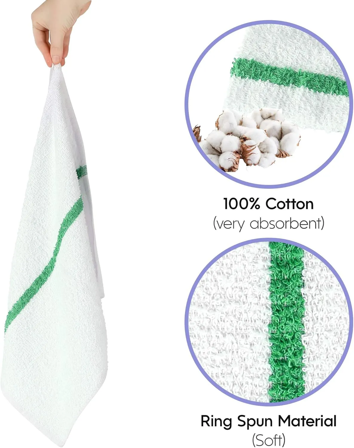 Nabob Wipers Kitchen Bar Mop Terry Towels 12 Pack - 100% Cotton - Size 14x17 - Perfect for Your Home, Kitchen, Bathroom, Bars, Restaurants & Auto - Super Absorbent (Green Stripe)