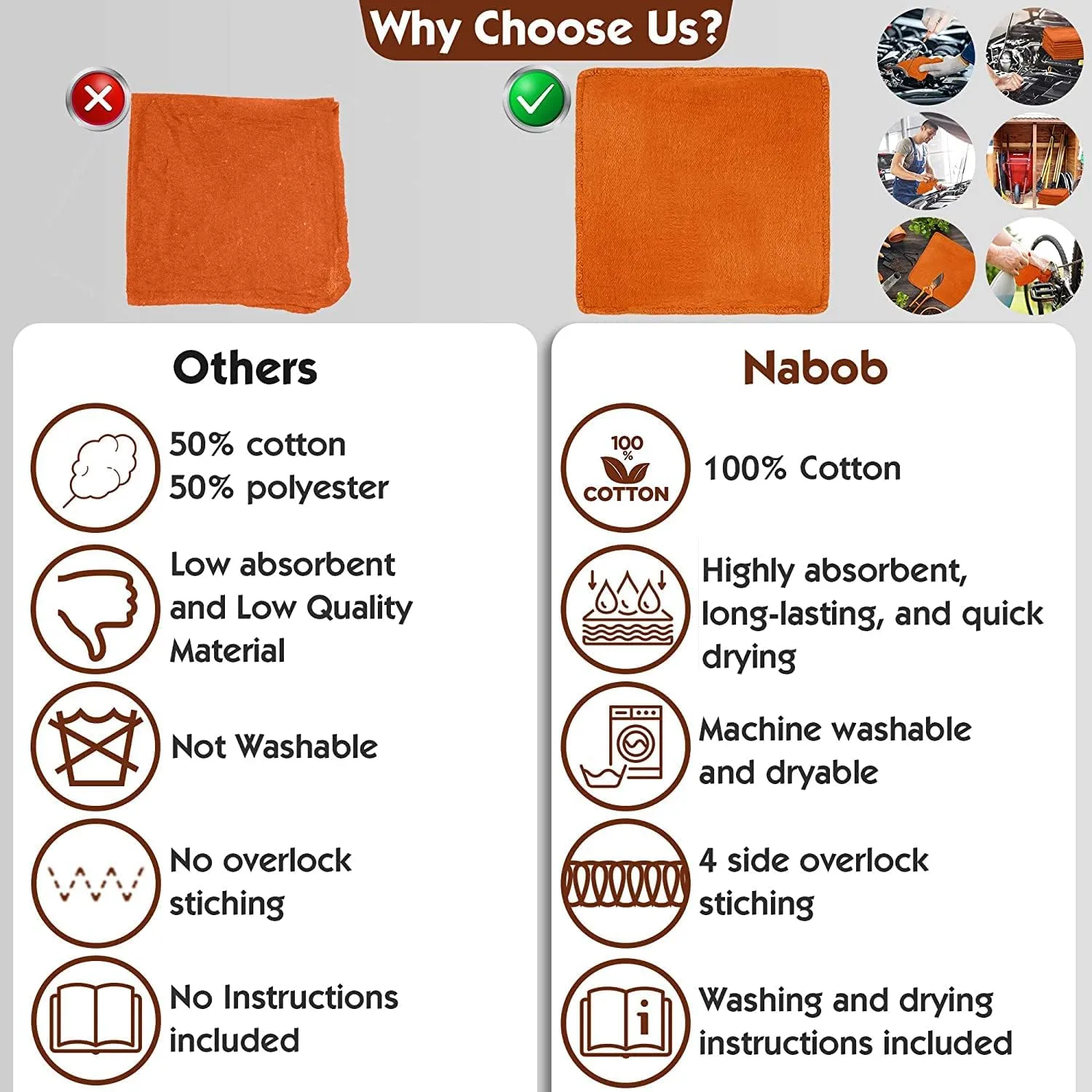 Nabob Wipers Shop Towels 50 Pack Cotton Rags Size 14"x14" Commercial Grade (50 Pack, Orange)