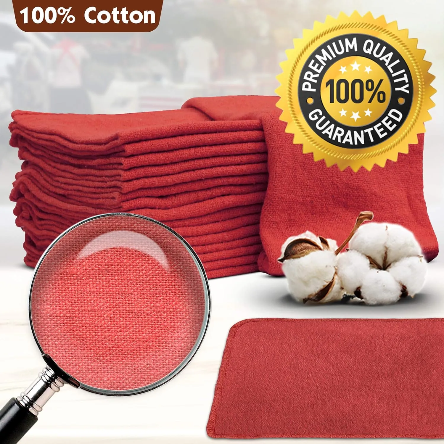 Nabob Wipers Shop Towels 50 Pack Cotton Rags Size 14"x14" Commercial Grade (50 Pack, Red)
