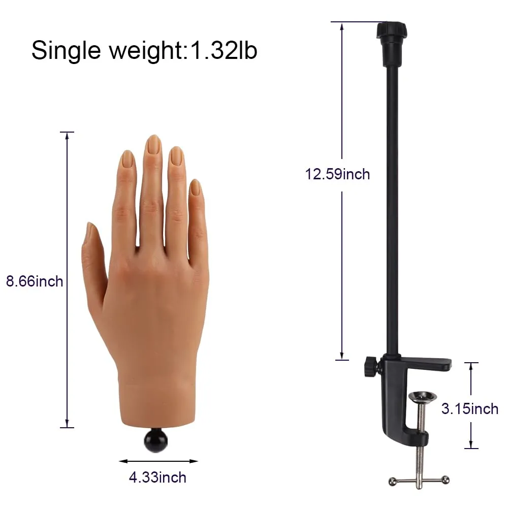 Nail Pratice Training Hand for Acrylic Nails with Stand Bracket,Soft Silicone Maniquin Hand, Flexible Bendable Nail Practice Fake Hand for Nails Art Practice Tool